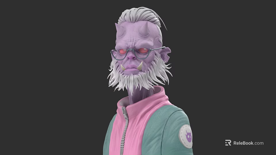 Game Movie Character With Purple Skin White Hair Beard Red Eyes In Pink Green Jacket 3d model 