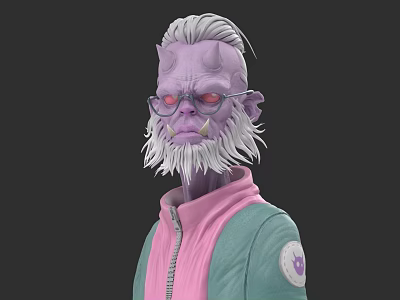 Game Movie Character With Purple Skin White Hair Beard Red Eyes In Pink Green Jacket 3d model