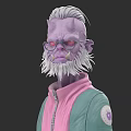 Game Movie Character With Purple Skin White Hair Beard Red Eyes In Pink Green Jacket