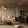 Modern Minimalist Living Room With Beige Sofa Wooden Coffee Table And Pendant Light