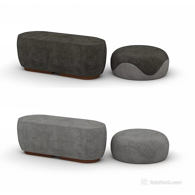 Long And Round Shaped Sofa Stools In Dark And Light Gray With Brown Base 3d model