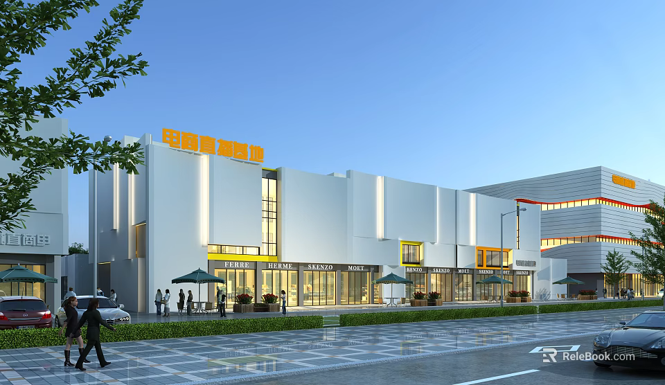 Modern Commercial Complex With Bright Exterior Retail Entrances Outdoor Seating And Pedestrians 3d model 