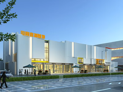 Modern Commercial Complex With Bright Exterior Retail Entrances Outdoor Seating And Pedestrians 3d model