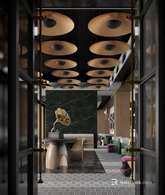 Modern Luxury Restaurant Interior With Golden Horn Pendant Lights Green Marble Wall And Gramophone Decor 3d model 