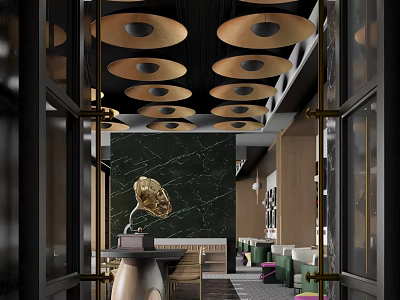Modern Luxury Restaurant Interior With Golden Horn Pendant Lights Green Marble Wall And Gramophone Decor 3d model