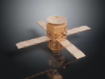 Golden Spacecraft Model With Cylindrical Main Body And Solar Panel Structures 3d model