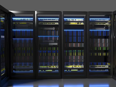 Computer Server Room With Multiple Racks Blue Lighting And Network Equipment 3d model