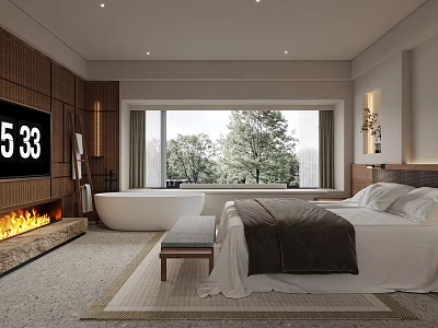 Modern Cozy Bedroom Interior With Comfortable Bed Large Window Fireplace And Soft Rug 3d model