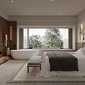 Modern Cozy Bedroom Interior With Comfortable Bed Large Window Fireplace And Soft Rug