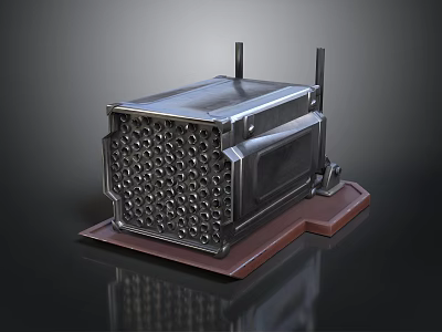 Metal Industrial Equipment With Perforated Surface And Square Shaped Design On Wooden Base Stand 3d model