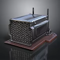 Metal Industrial Equipment With Perforated Surface And Square Shaped Design On Wooden Base Stand
