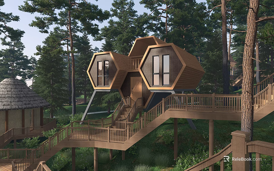 Hexagonal Treehouse Villa Design Surrounded by Tall Trees with Wooden Stairs and Deck 3d model 
