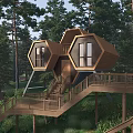 Hexagonal Treehouse Villa Design Surrounded by Tall Trees with Wooden Stairs and Deck