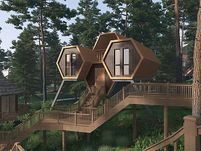 Hexagonal Treehouse Villa Design Surrounded by Tall Trees with Wooden Stairs and Deck 3d model