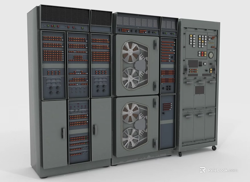 Computer Server Racks With Multiple Cabinets Cooling Fans Control Panels And Indicator Lights 3d model 
