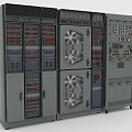 Computer Server Racks With Multiple Cabinets Cooling Fans Control Panels And Indicator Lights