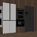 Modern Kitchen With Wooden Walls Showcasing White And Silver Refrigerators And Freezers
