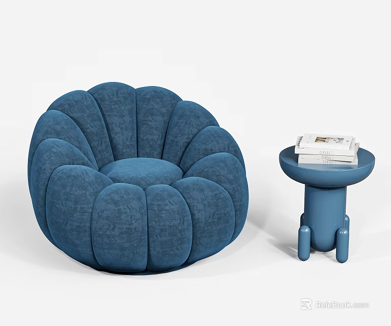 Blue Petal Shaped Single Sofa With Matching Blue Side Table And Books 3d model