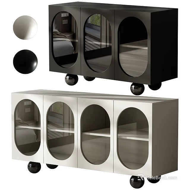 Modern TV Stand With Glass Doors Round Elements And Black Silver Finish 3d model
