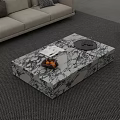 Marble Coffee Table on Gray Rug with Fruit Bowl Magazine and Tray in Living Room