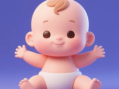 Cute 3D Baby Doll with Smiling Face Open Arms and White Diaper against Blue Background 3d model