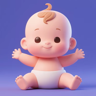 Cute 3D Baby Doll with Smiling Face Open Arms and White Diaper against Blue Background 3d model