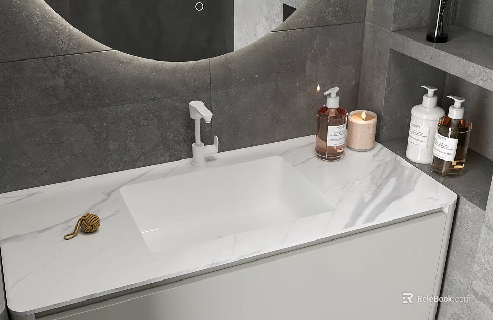Modern Washbasin With Marble Countertop White Faucet Skincare Bottles Candle Grey Tiled Wall Mirror 3d model 