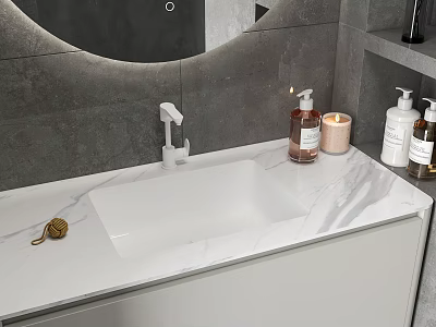 Modern Washbasin With Marble Countertop White Faucet Skincare Bottles Candle Grey Tiled Wall Mirror 3d model