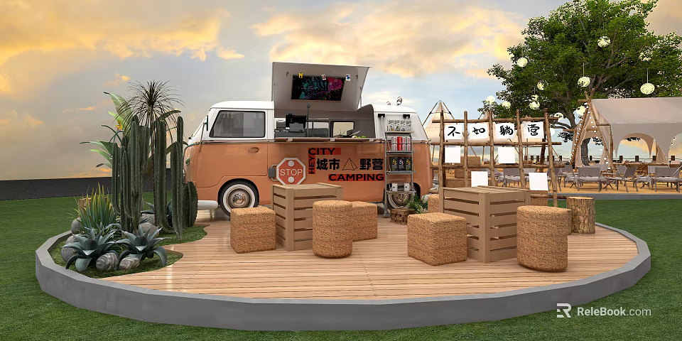 Urban Camping Garden Landscape Featuring Food Truck Wooden Platform Straw Seats and Cactus Trees 3d model 
