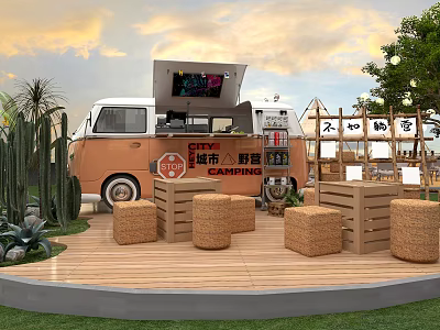 Urban Camping Garden Landscape Featuring Food Truck Wooden Platform Straw Seats and Cactus Trees 3d model