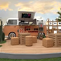 Urban Camping Garden Landscape Featuring Food Truck Wooden Platform Straw Seats and Cactus Trees