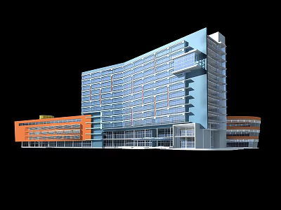 Modern Office Building with Glass Facade and Multi Storey Orange Gray Base Structure 3d model
