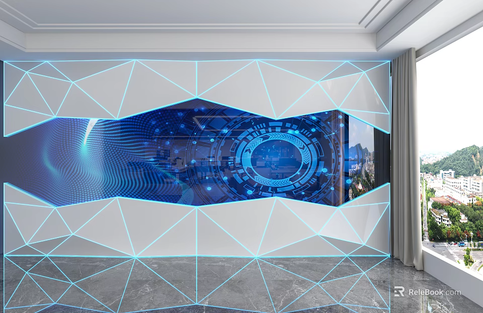 Modern Tech Inspired Background Wall With Geometric Patterns Blue Lighting Data Charts And Cityscape 3d model 