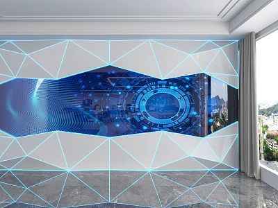 Modern Tech Inspired Background Wall With Geometric Patterns Blue Lighting Data Charts And Cityscape 3d model