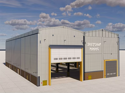Modern Large Industrial Factory Building Exterior With Metal Cladding And Roller Doors 3d model