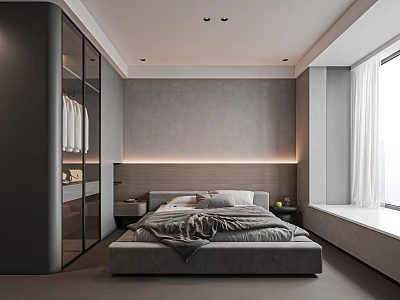 Elegant Modern Bedroom Interior With Gray Bed And Wardrobe And Window View 3d model