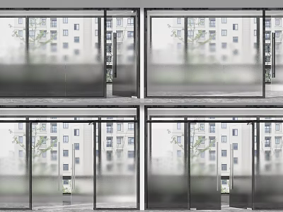 Modern Sliding Glass Doors With Exterior Building And Tree Views In Open Closed States 3d model