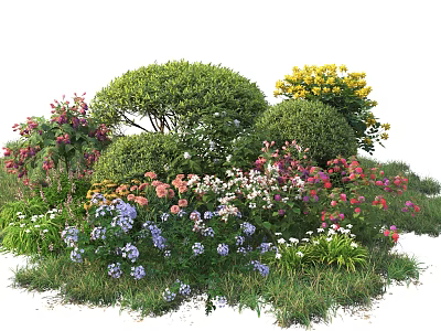 Well Pruned Garden Shrubs Surrounded By Varied Colorful Blooms And Green Foliage 3d model
