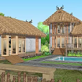 Rustic Thatched Roof Homestay Building Featuring Swimming Pool And Lush Greenery