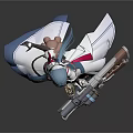 Anime Style Female Game Character With Blue Hair White Blue Outfit Mechanical Gun Combat Stance