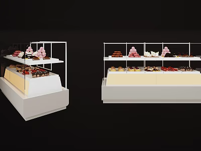 White Display Shelves for Bakery Desserts with Multiple Tiers and Assorted Pastries on Counter 3d model