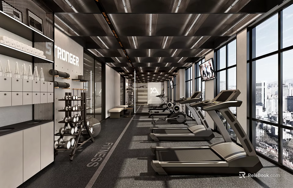 Modern Fitness Gym Interior With Treadmills Training Equipment And Spacious Windows Area 3d model 