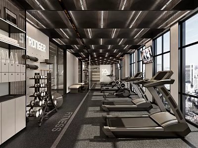 Modern Fitness Gym Interior With Treadmills Training Equipment And Spacious Windows Area 3d model