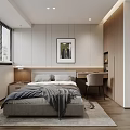 Modern Minimalist Bedroom Interior With Bed Nightstand Table Lamp Wall Art Desk And Chair