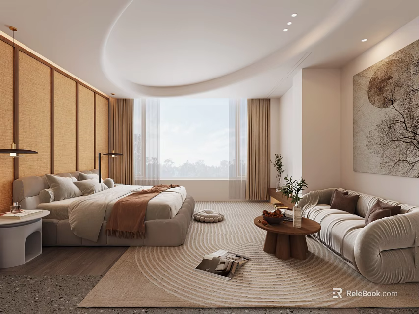 Modern Hotel Room With Curved Ceiling Bamboo Wall Panels King Bed And Sofa Area 3d model 