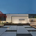 Modern Outdoor Garden With Paved Seating Area Umbrella Red Maple Tree And Green Plants