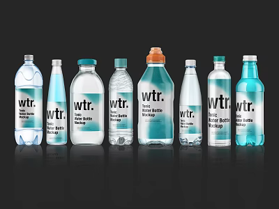 Wtr Brand Bottled Water Collection With Various Bottle Designs And Sizes 3d model