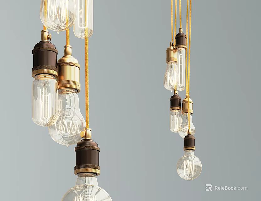 Vintage Pendant Lights with Brass Black Metal Bases Clear Glass Bulbs Hanging in Modern Interior 3d model 