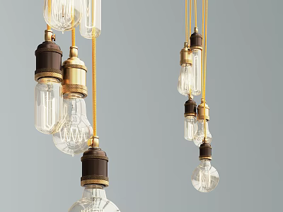 Vintage Pendant Lights with Brass Black Metal Bases Clear Glass Bulbs Hanging in Modern Interior 3d model