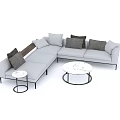 Modern Gray Sectional Sofa With Multiple Pillows And Round Side Tables Living Room Setup 3d model